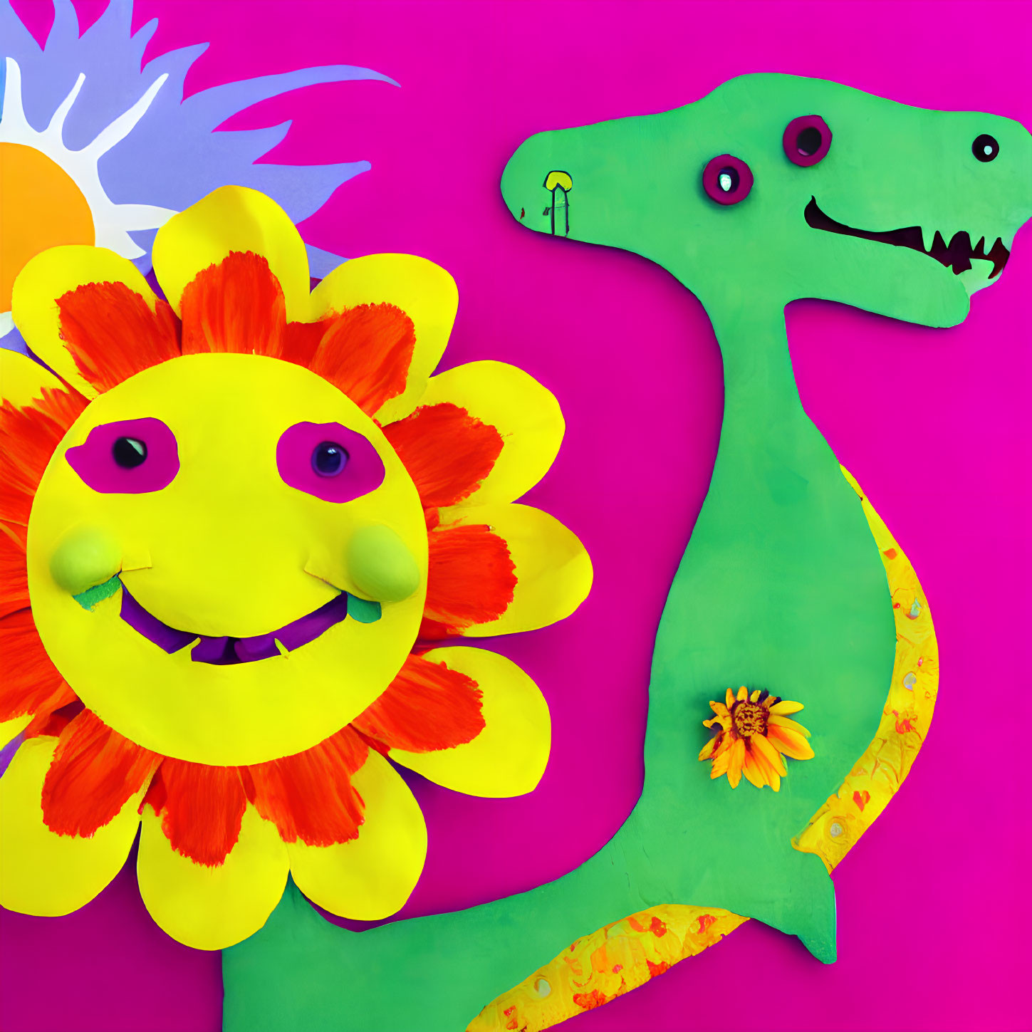 Colorful Paper Art Scene with Flower and Dinosaur on Pink Background