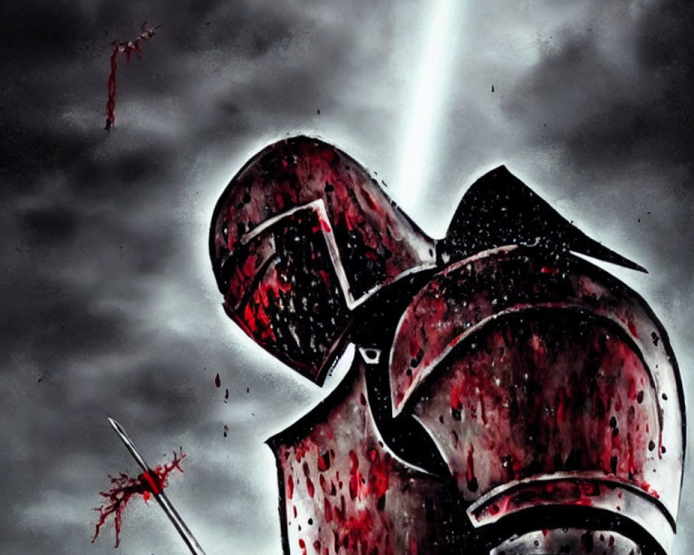 Blood-splattered knight in armor under beam of light in stormy sky