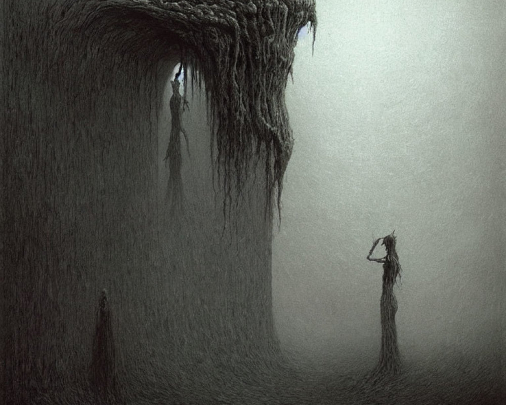 Monochromatic eerie landscape with tree-like figure and cloaked figure in misty setting