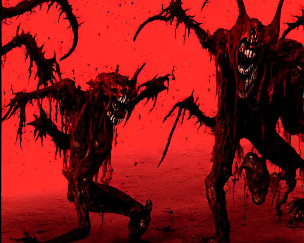 Sinister demonic figures with sharp claws and fangs on blood-red backdrop.