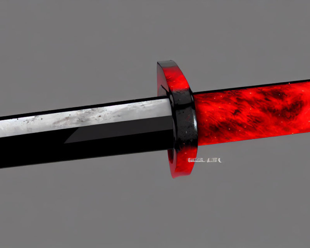 Detailed Katana with Black Blade and Red Flame Scabbard
