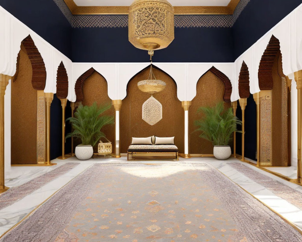 Moroccan-themed Luxury Room with Golden Accents and Archways