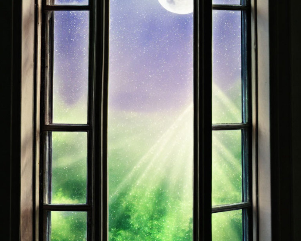 Nighttime Window View: Full Moon, Starry Sky, Illuminated Greenery
