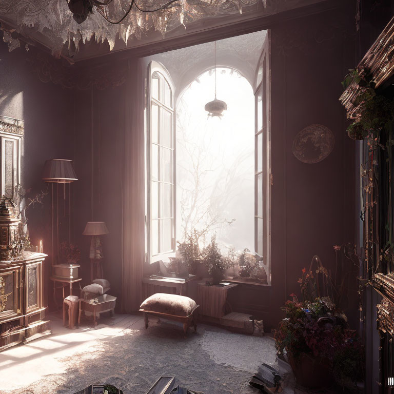 Sunlit ornate room with plants and antique furniture