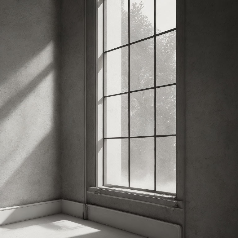 Natural light through window onto gray concrete wall and floor