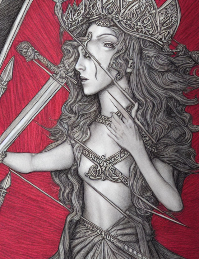 Fantasy warrior woman in ornate armor and crown on red background