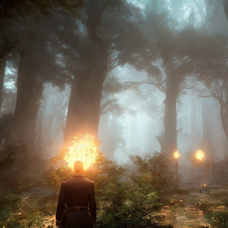 Person standing in misty forest with glowing tree and ethereal lights