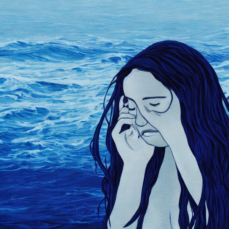 Monochromatic blue illustration of a contemplative woman with ocean wave background