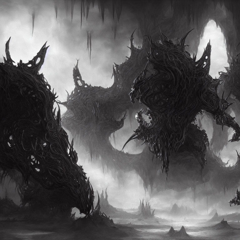 Eerie monochromatic landscape with twisted monstrous structures