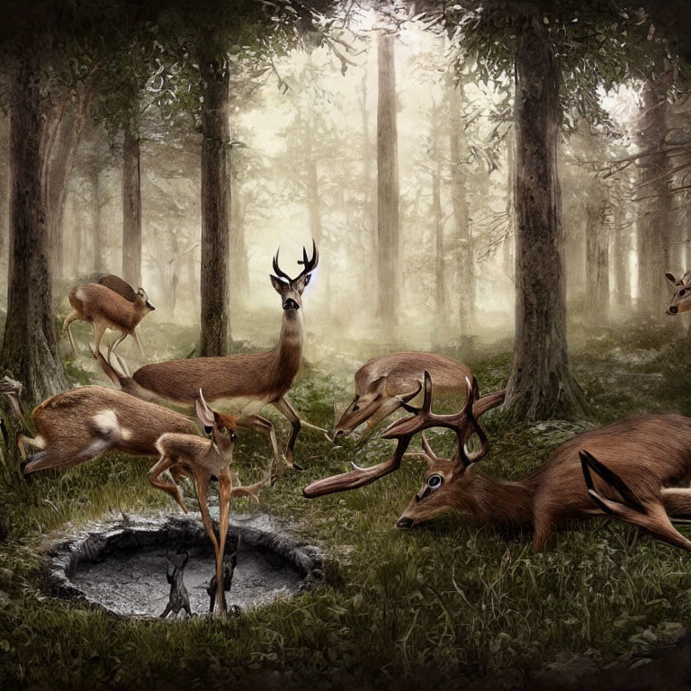 Deer in different poses in misty forest clearing