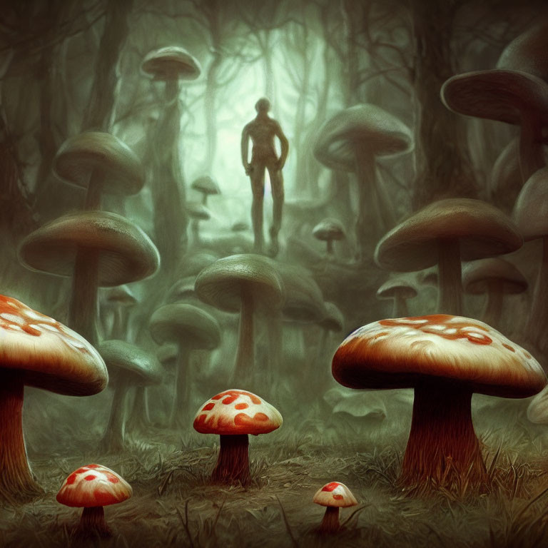 Silhouette of a person in misty enchanted forest with oversized mushrooms