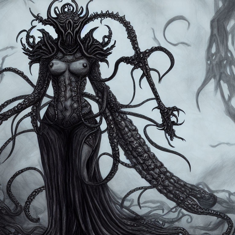 Monochrome art of a female figure with tentacle-like appendages and horned helmet