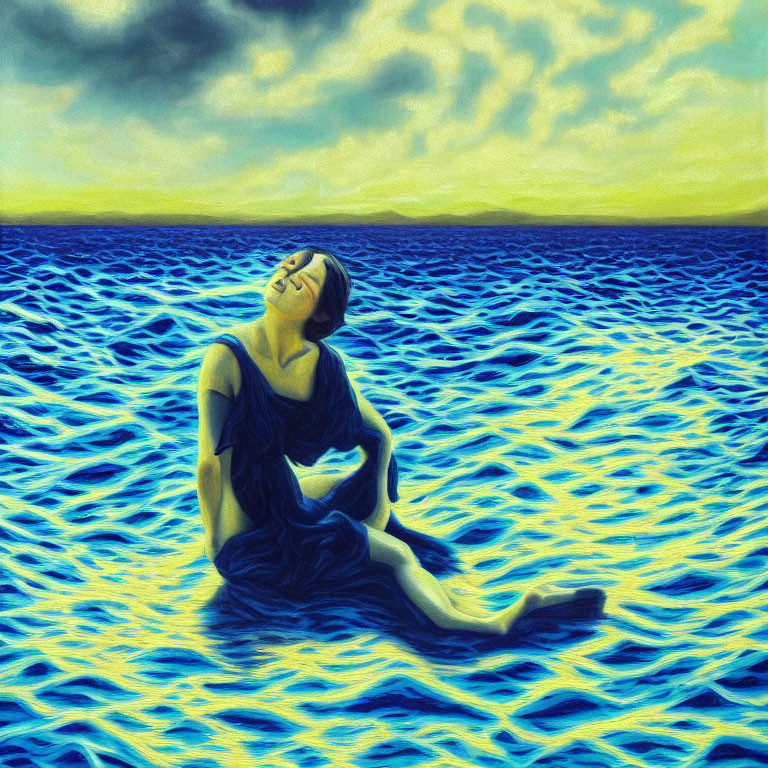 Woman in dark dress sitting on vivid blue water, tilting head back against yellow-clouded sky