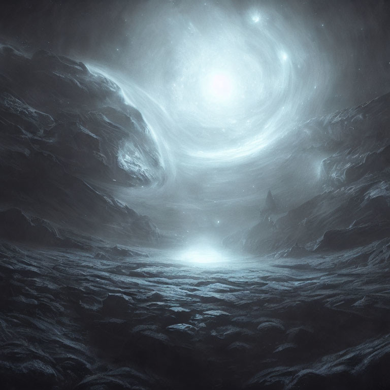 Monochromatic cosmic scene with swirling clouds and celestial light