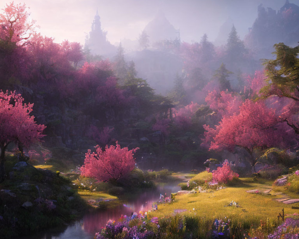 Tranquil landscape with pink cherry blossoms, stream, greenery, and mountain peaks