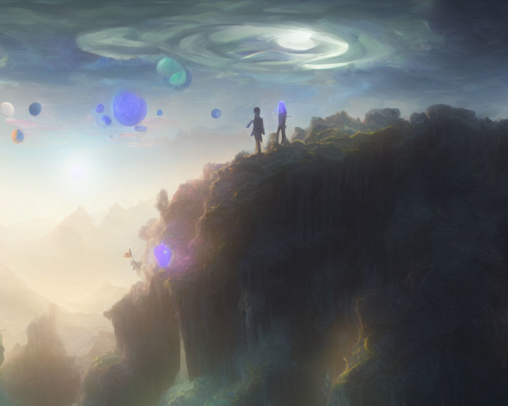 Silhouetted figures on cliff view fantastical landscape with floating orbs