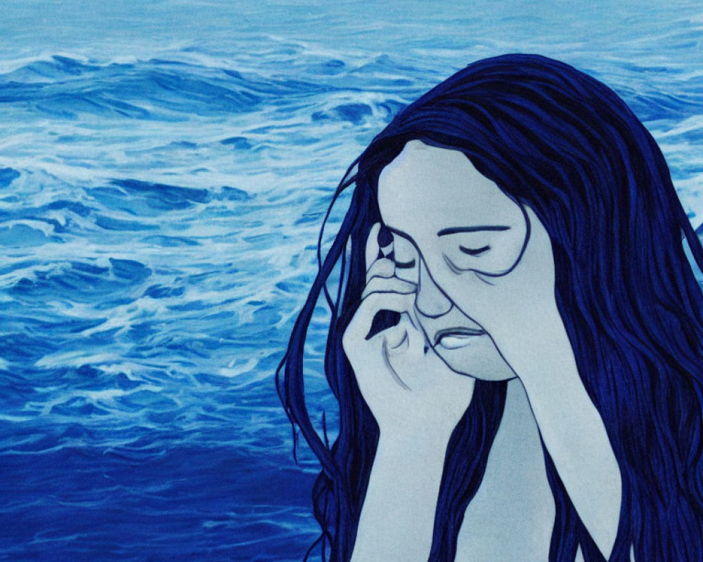 Monochromatic blue illustration of a contemplative woman with ocean wave background
