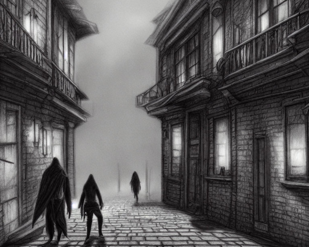 Monochrome illustration of misty cobblestone street with silhouetted figures