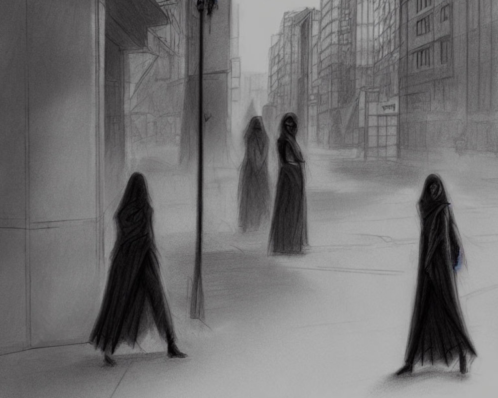 Desolate urban street scene with shadowy figures and lamppost