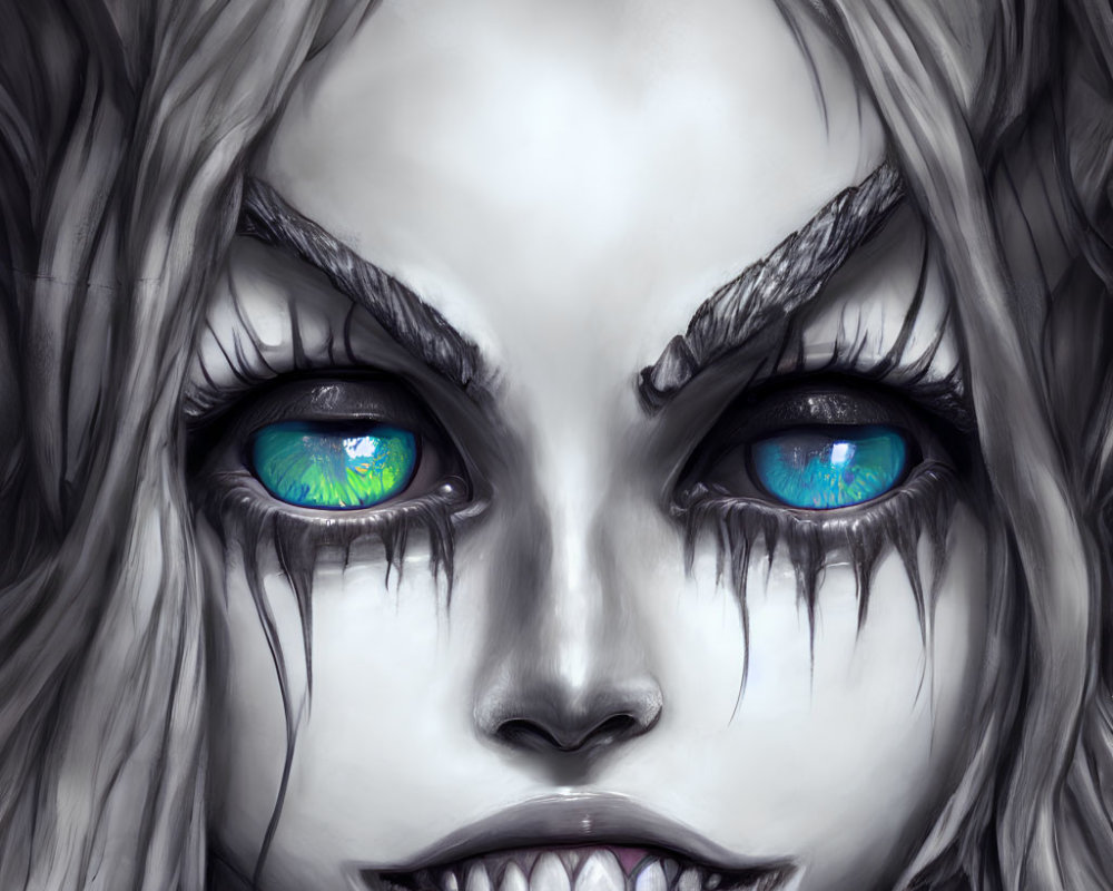 Detailed illustration of female face with blue eyes, dark makeup, white skin, sharp teeth