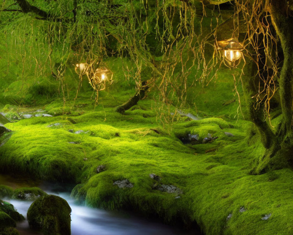 Tranquil forest stream with moss-covered rocks and hanging lanterns