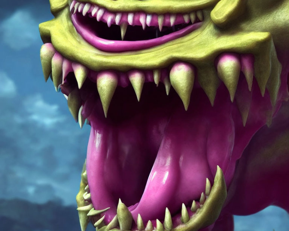 Detailed Close-Up of Stylized Animated Creature with Grinning Mouth and Sharp Teeth