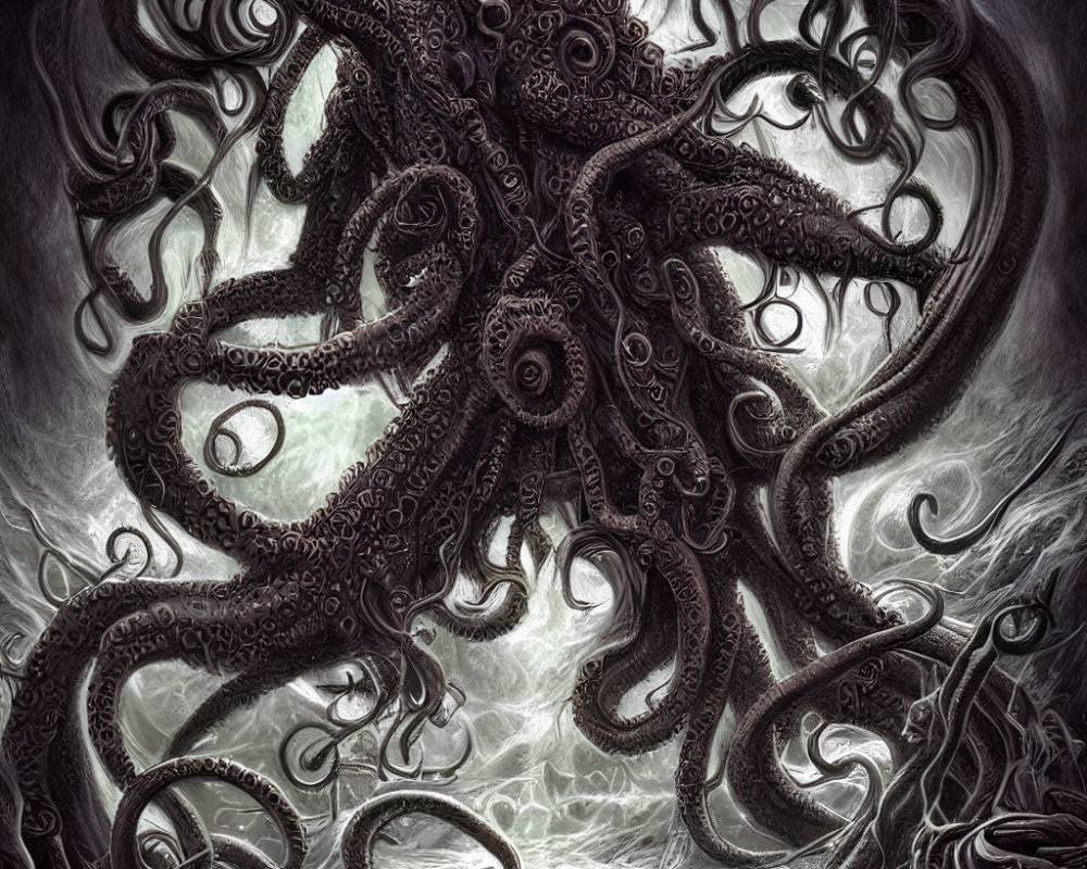 Detailed Illustration of Giant Octopus with Swirling Tentacles