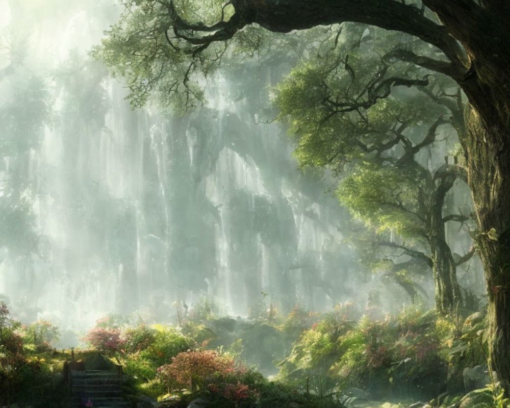 Tranquil forest landscape with majestic tree, misty sunlight, and distant waterfall