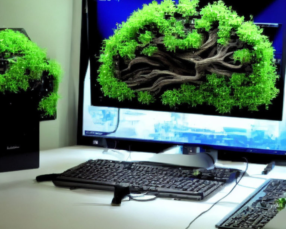 Dual Monitor Setup with 3D Tree Model, Keyboard, Mouse & Graphic Tablet on White Desk