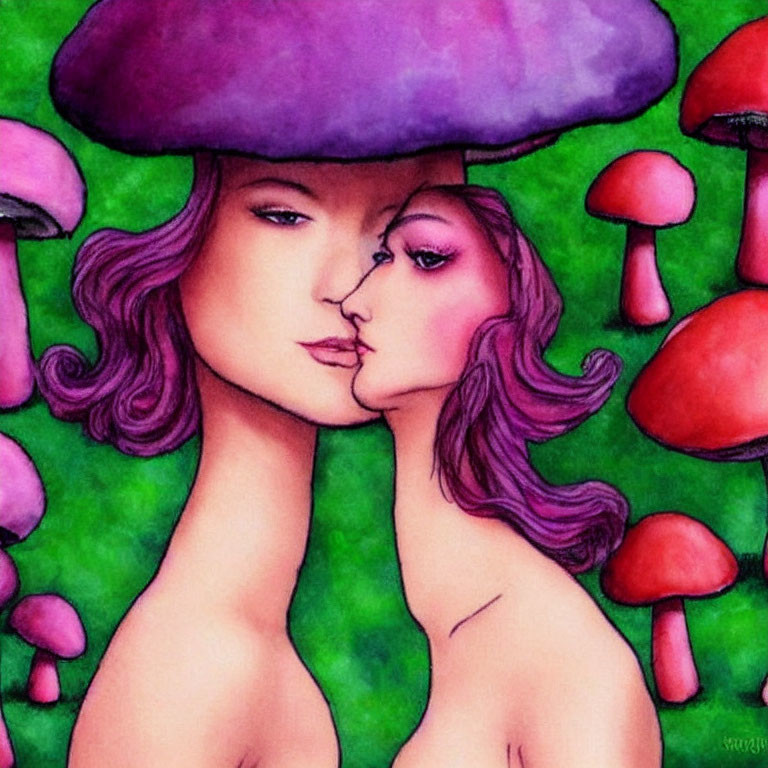 Colorful Mushroom Embrace in Whimsical Illustration