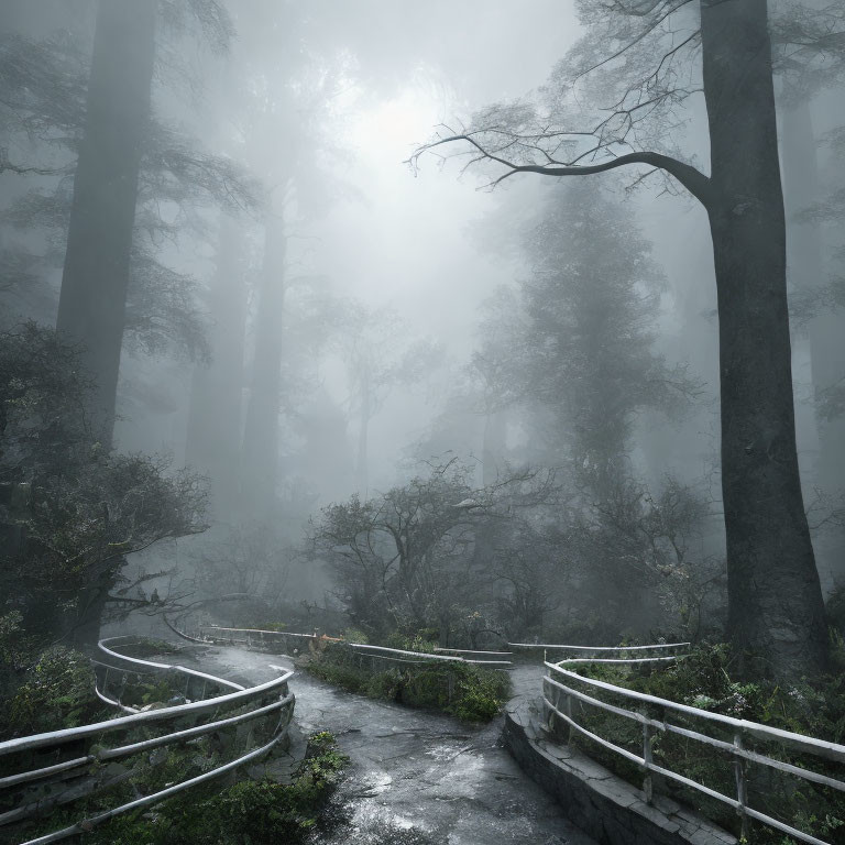 Misty forest with winding path and tall shadowy trees