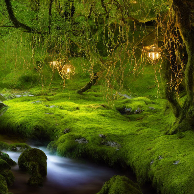 Tranquil forest stream with moss-covered rocks and hanging lanterns