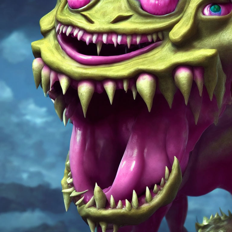 Detailed Close-Up of Stylized Animated Creature with Grinning Mouth and Sharp Teeth