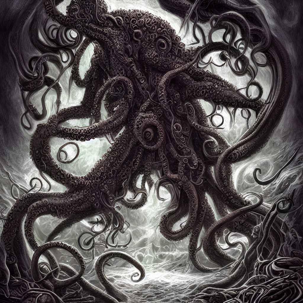 Detailed Illustration of Giant Octopus with Swirling Tentacles