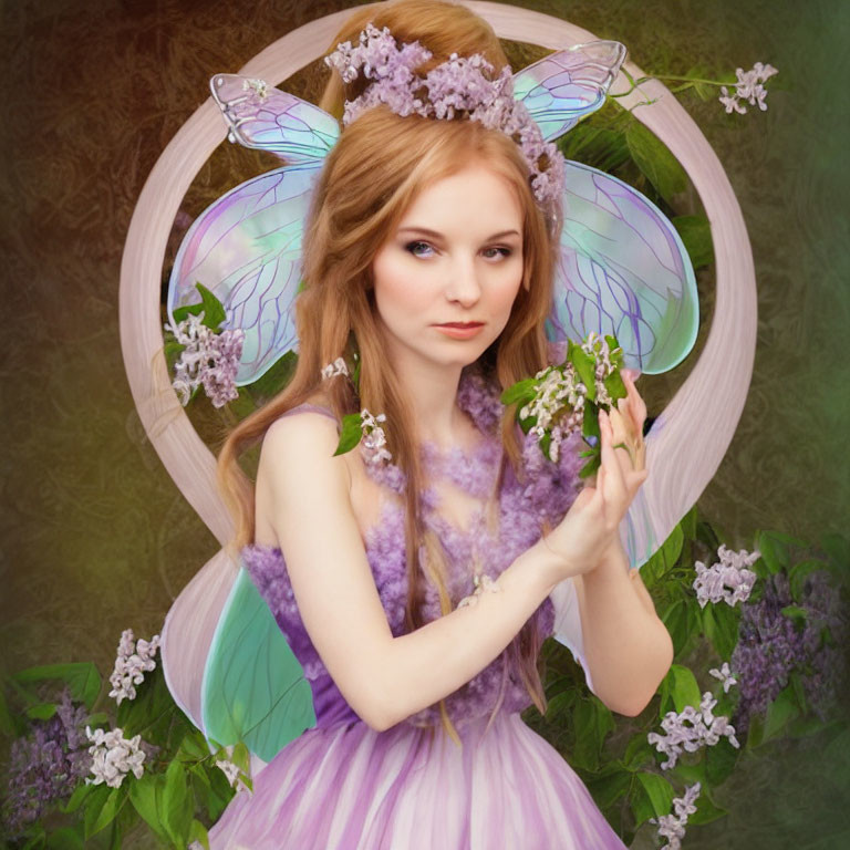 Digital illustration of a fairy with translucent wings and purple dress in a flower-filled scene holding a blossom