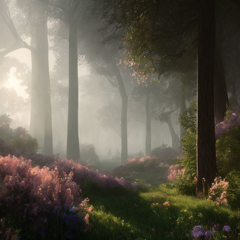 Ethereal forest scene with mist, towering trees, and purple flowers