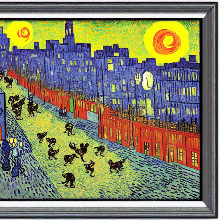 Vibrant expressionist night scene with swirling sky and silhouetted figures