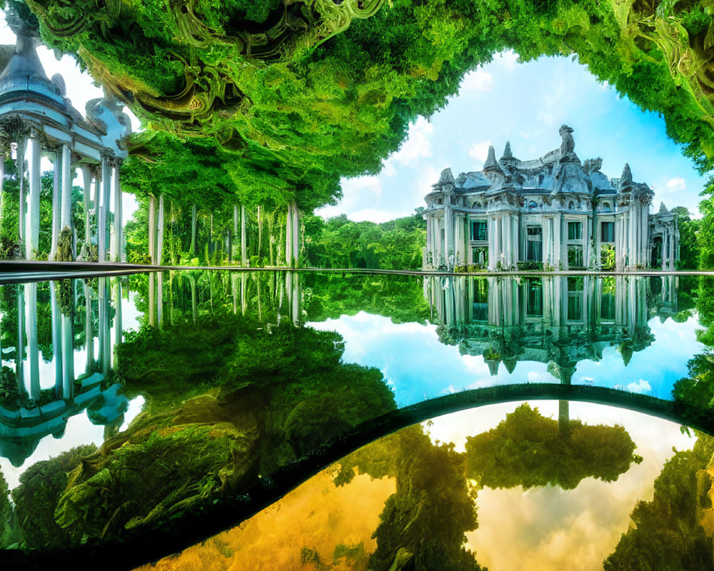 Tranquil pond with classical pavilion and lush greenery