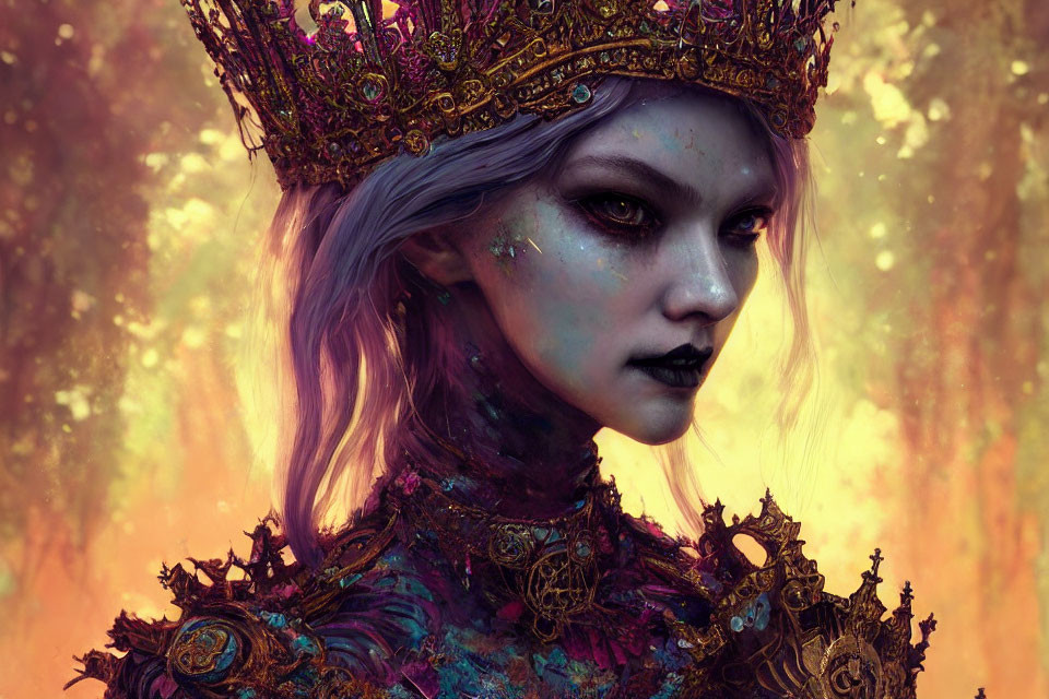 Mystical queen with golden crown in purple attire against autumnal backdrop