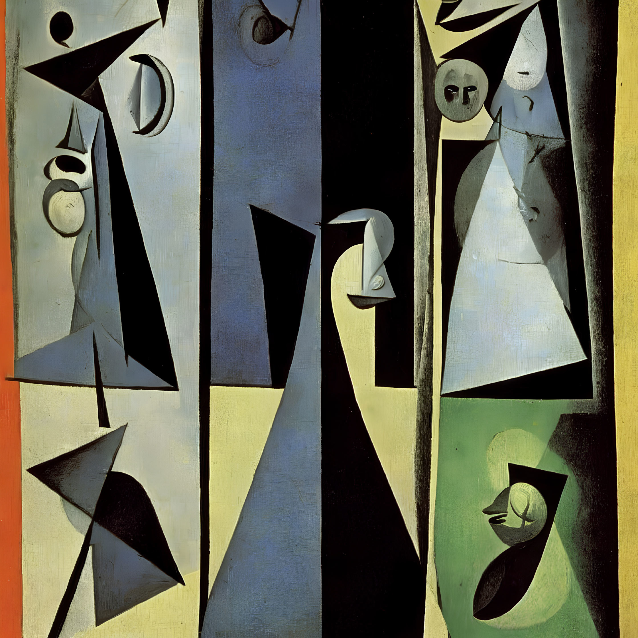 Geometric Cubist Painting in Yellow, Blue, Black, White, and Green