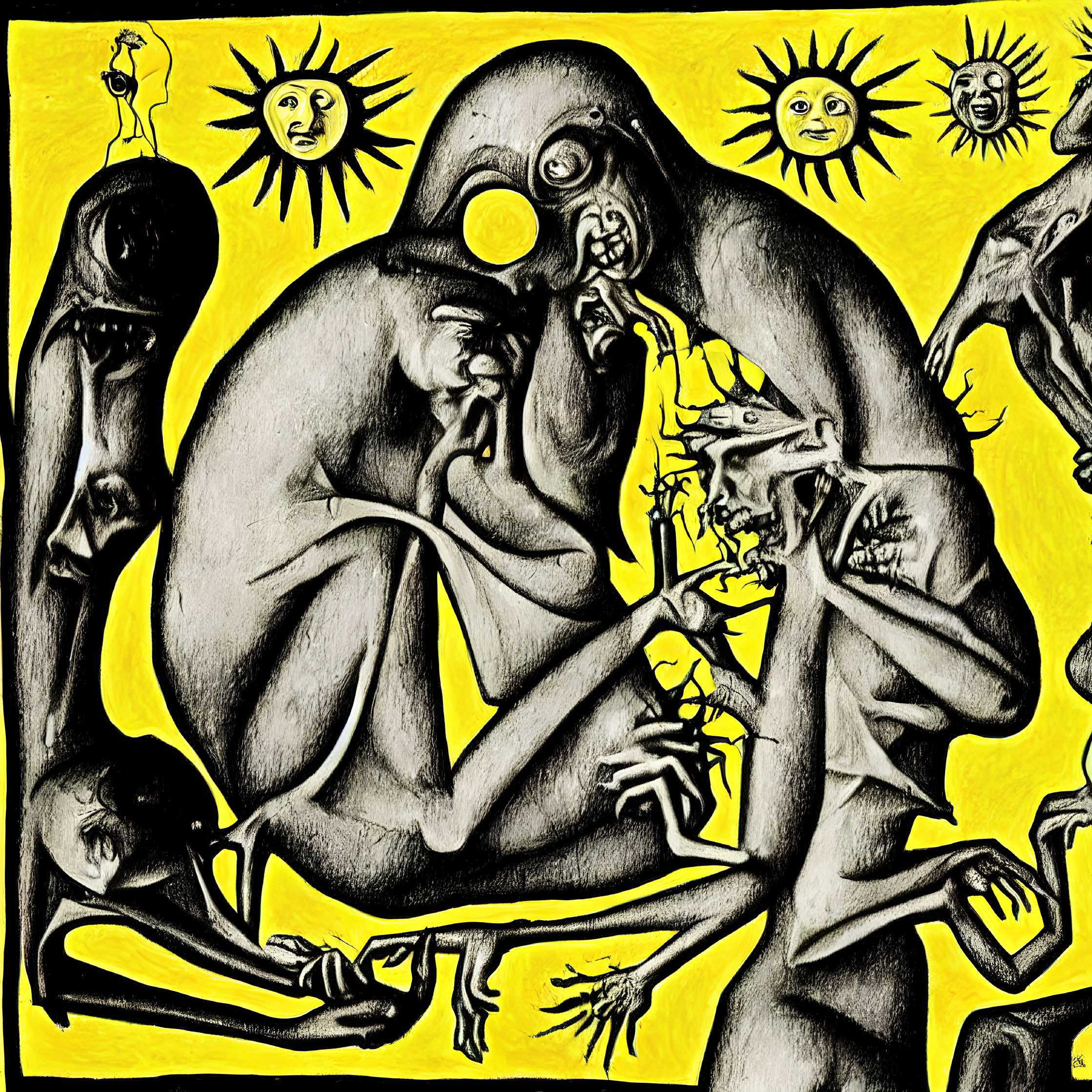 Surreal Artwork: Distorted Figures and Faces in Yellow and Black with Multiple Suns