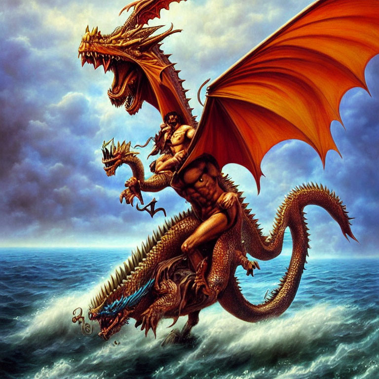 Person riding dragon over stormy sea in fantastical scene