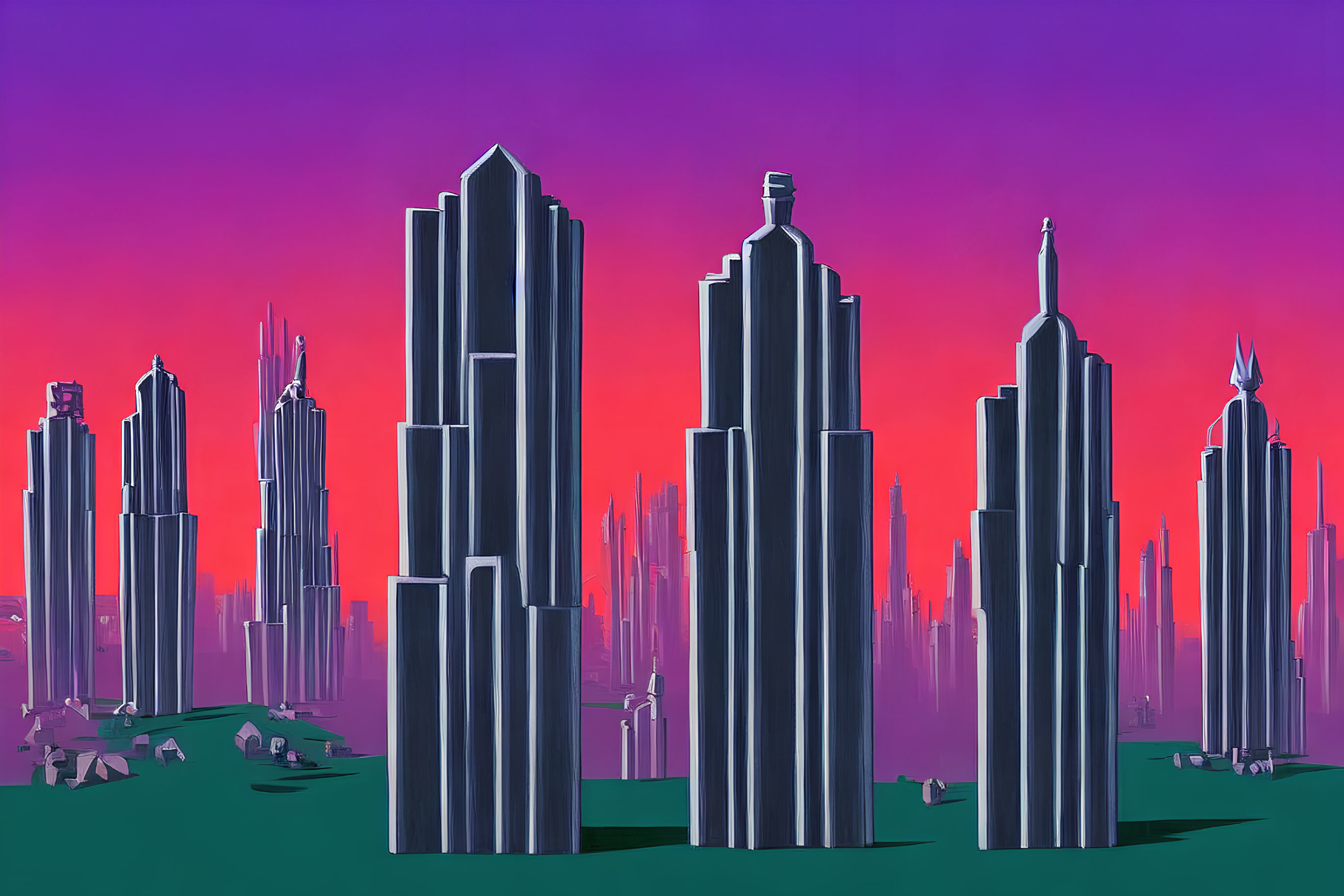 Futuristic city skyline illustration with tall skyscrapers against purple and pink sky