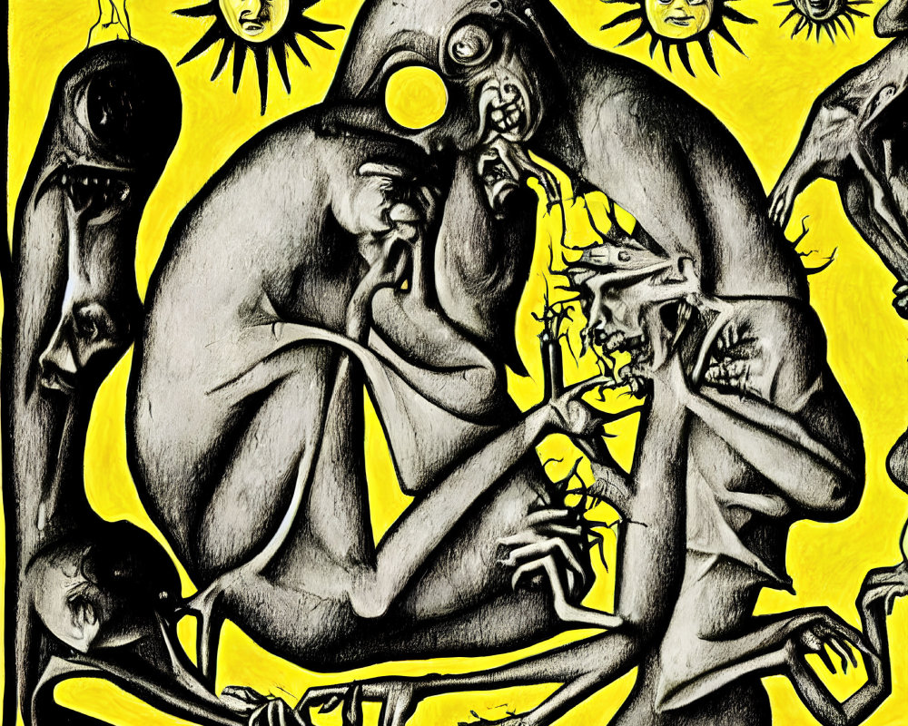 Surreal Artwork: Distorted Figures and Faces in Yellow and Black with Multiple Suns