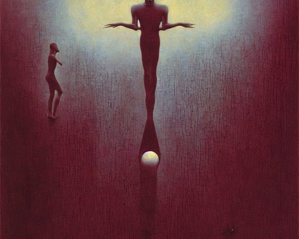 Surreal painting of humanoid figures in red misty space
