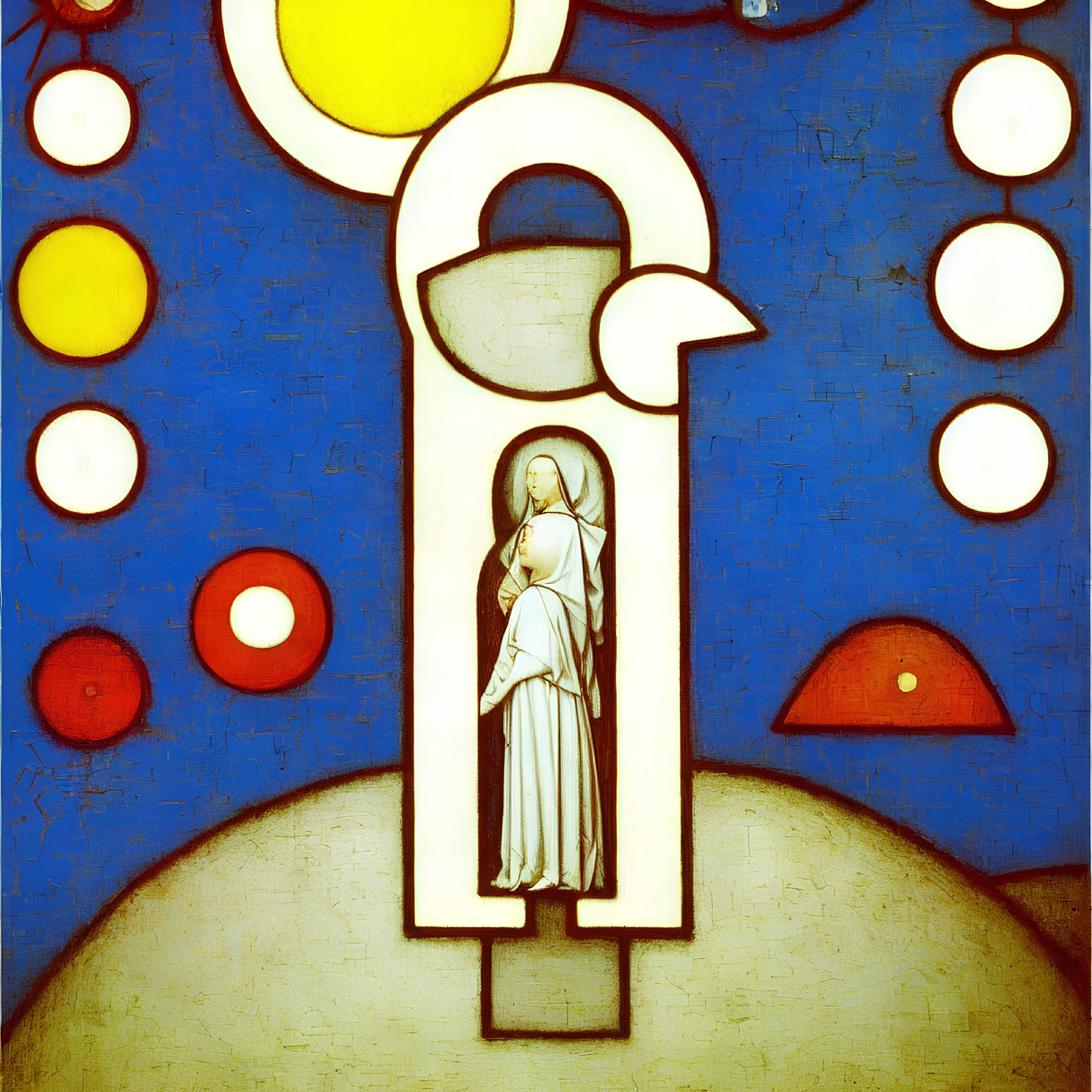 Colorful Abstract Painting with Geometric Shapes and Saint-Like Figure in Arch Structure