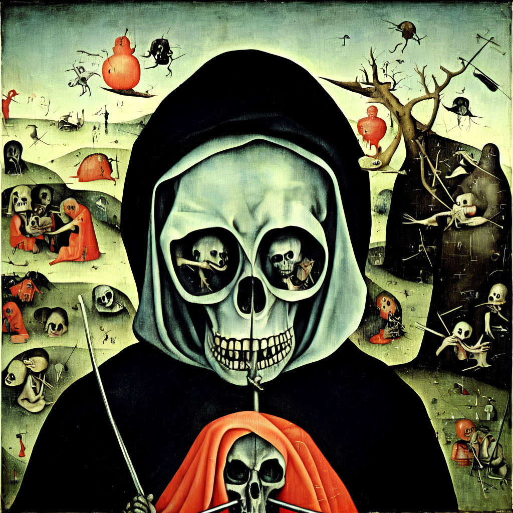 Vibrant surreal painting: giant skull with miniature skeletal figures & activities.