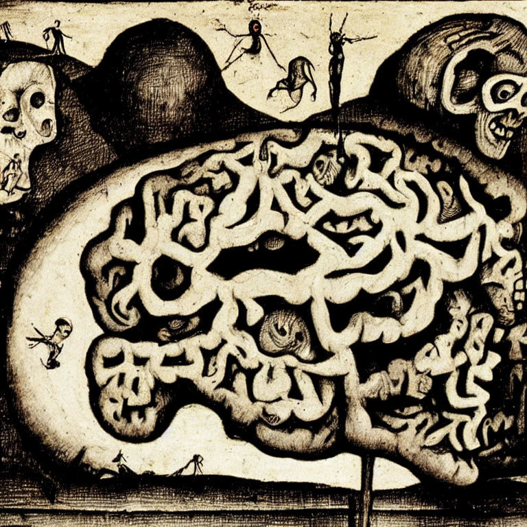 Detailed surreal illustration of brain maze with tiny figures in eerie setting
