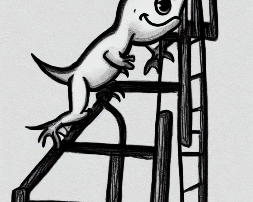 Cartoon gecko climbing ladder in black and white shading