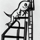 Cartoon gecko climbing ladder in black and white shading